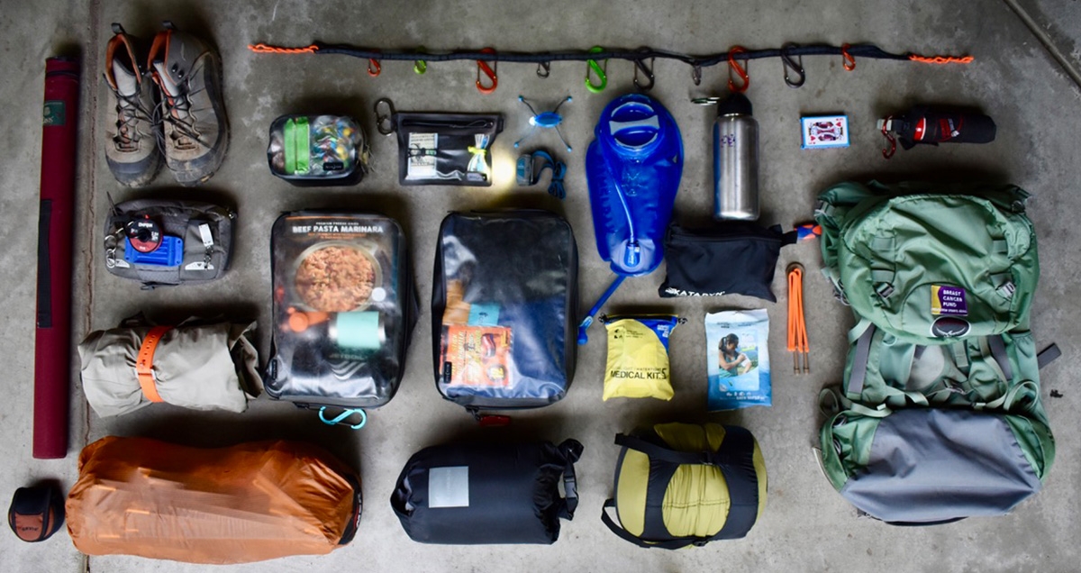 Laydown image of all backpacking gear