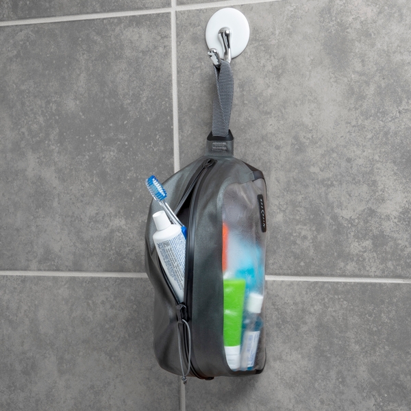 waterproof toiletry bag hanging in shower